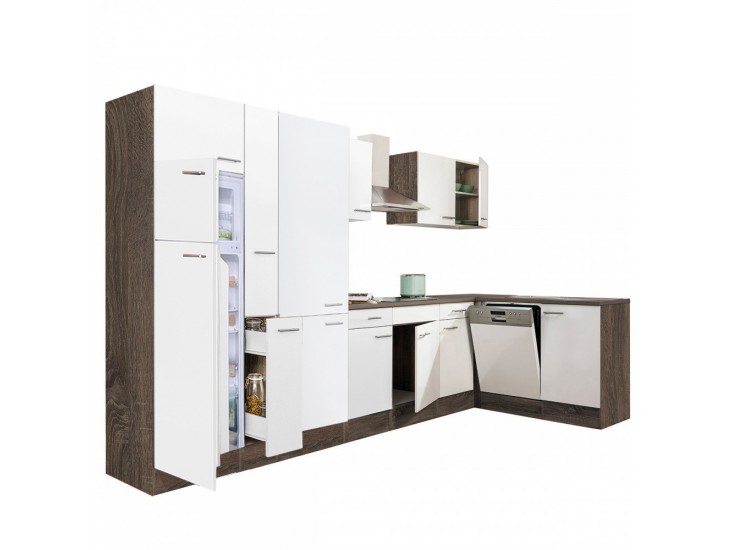 Yorki 370 sarok konyhabútor yorki tölgy korpusz,selyemfényű fehér fronttal polcos szekrénnyel és felülfagyasztós hűtős szekrénnyel