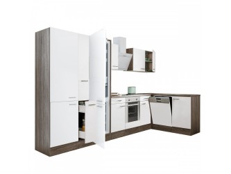 Yorki 370 sarok konyhabútor yorki tölgy korpusz,selyemfényű fehér front alsó sütős elemmel polcos szekrénnyel, alulfagyasztós hűtős szekrénnyel