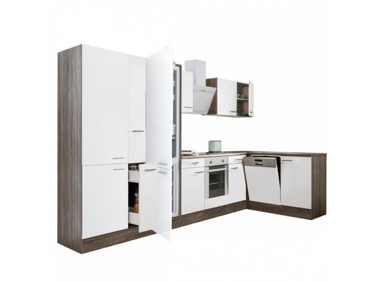 Yorki 370 sarok konyhabútor yorki tölgy korpusz,selyemfényű fehér front alsó sütős elemmel polcos szekrénnyel, alulfagyasztós hűtős szekrénnyel