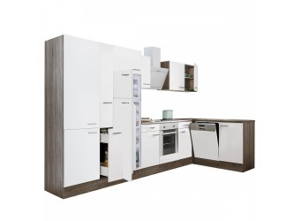 Yorki 370 sarok konyhabútor yorki tölgy korpusz,selyemfényű fehér front alsó sütős elemmel polcos szekrénnyel, felülfagyasztós hűtős szekrénnyel