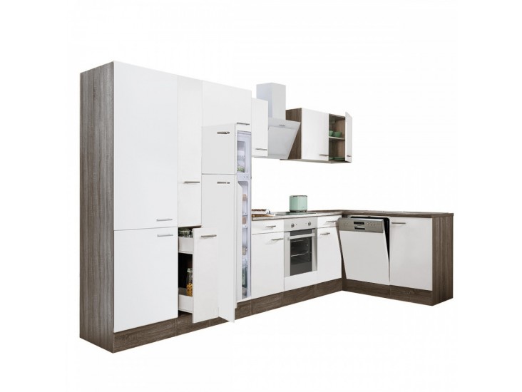 Yorki 370 sarok konyhabútor yorki tölgy korpusz,selyemfényű fehér front alsó sütős elemmel polcos szekrénnyel, felülfagyasztós hűtős szekrénnyel