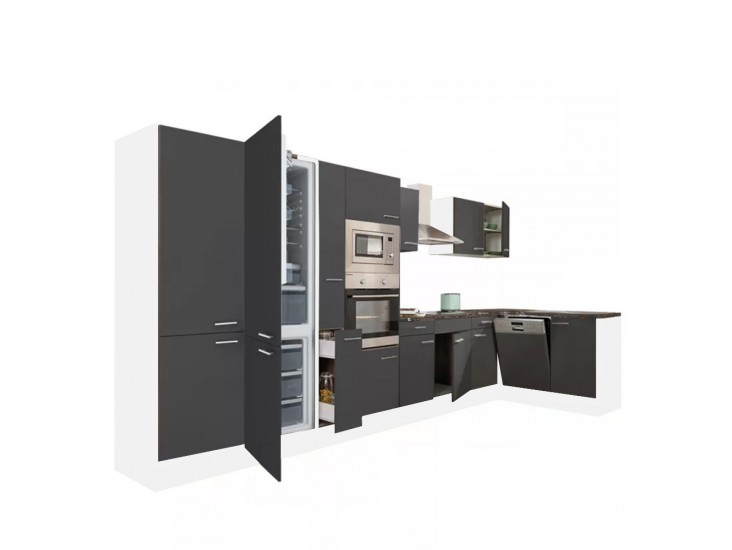 Yorki 430 sarok konyhabútor fehér korpusz,selyemfényű antracit fronttal alulagyasztós hűtős szekrénnyel