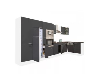 Yorki 430 sarok konyhabútor fehér korpusz,selyemfényű antracit fronttal felülfagyasztós hűtős szekrénnyel