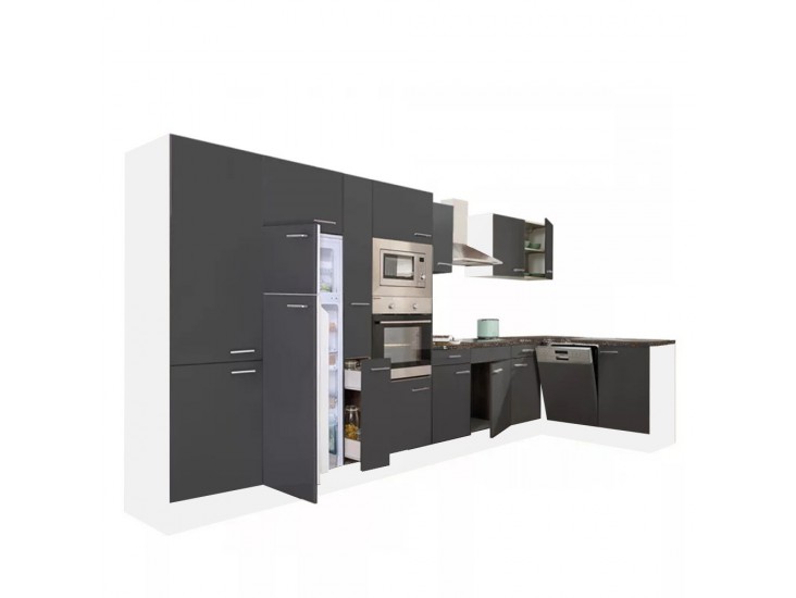 Yorki 430 sarok konyhabútor fehér korpusz,selyemfényű antracit fronttal felülfagyasztós hűtős szekrénnyel