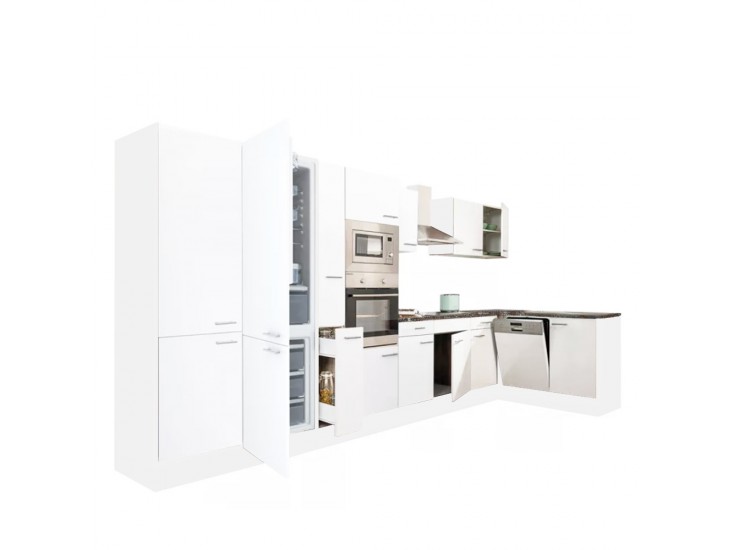 Yorki 430 sarok konyhabútor fehér korpusz,selyemfényű fehér fronttal alulagyasztós hűtős szekrénnyel