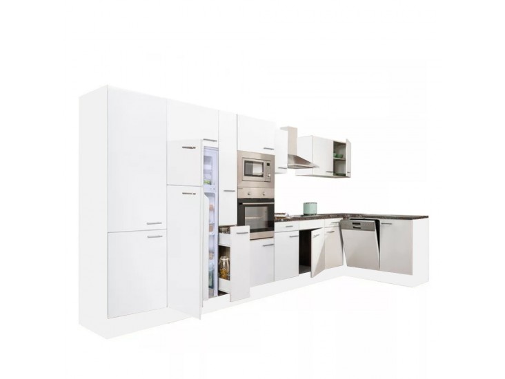 Yorki 430 sarok konyhabútor fehér korpusz,selyemfényű fehér fronttal felülfagyasztós hűtős szekrénnyel