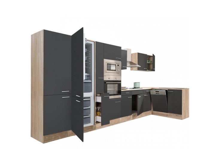 Yorki 430 sarok konyhabútor sonoma tölgy korpusz,selyemfényű antracit fronttal alulagyasztós hűtős szekrénnyel