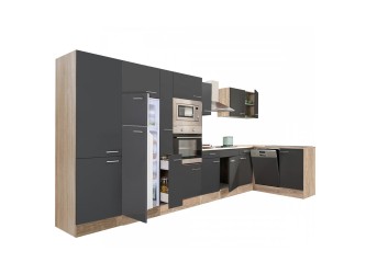 Yorki 430 sarok konyhabútor sonoma tölgy korpusz,selyemfényű antracit fronttal felülfagyasztós hűtős szekrénnyel