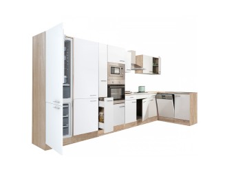 Yorki 430 sarok konyhabútor sonoma tölgy korpusz,selyemfényű fehér fronttal alulagyasztós hűtős szekrénnyel