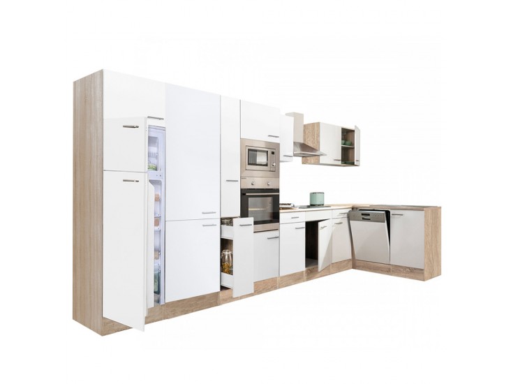 Yorki 430 sarok konyhabútor sonoma tölgy korpusz,selyemfényű fehér fronttal felülfagyasztós hűtős szekrénnyel