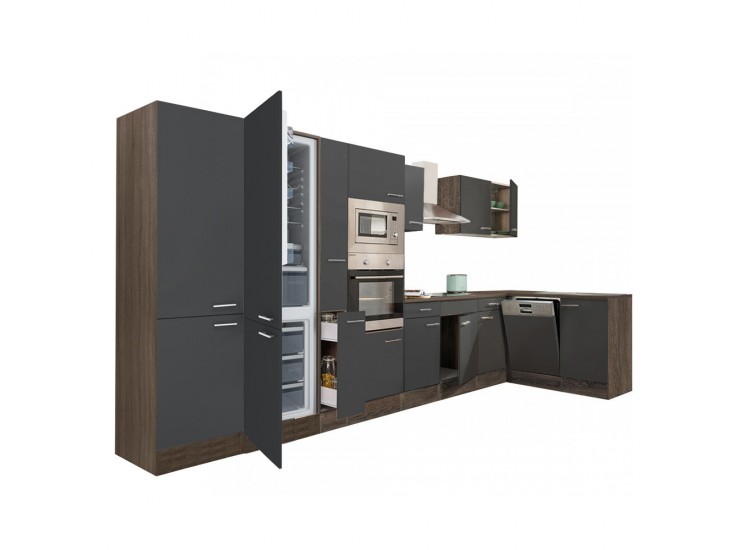 Yorki 430 sarok konyhabútor yorki tölgy korpusz,selyemfényű antracit fronttal alulagyasztós hűtős szekrénnyel