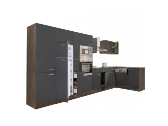 Yorki 430 sarok konyhabútor yorki tölgy korpusz,selyemfényű antracit fronttal felülfagyasztós hűtős szekrénnyel