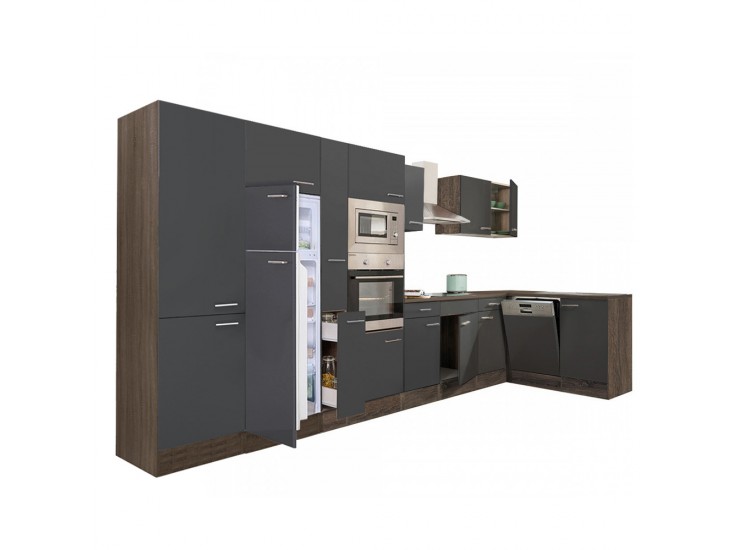 Yorki 430 sarok konyhabútor yorki tölgy korpusz,selyemfényű antracit fronttal felülfagyasztós hűtős szekrénnyel