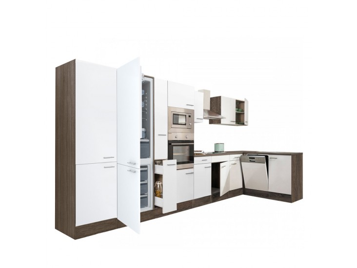 Yorki 430 sarok konyhabútor yorki tölgy korpusz,selyemfényű fehér fronttal alulagyasztós hűtős szekrénnyel