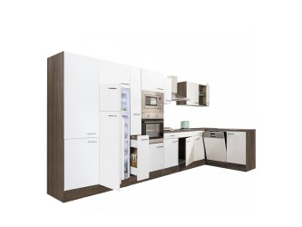 Yorki 430 sarok konyhabútor yorki tölgy korpusz,selyemfényű fehér fronttal felülfagyasztós hűtős szekrénnyel