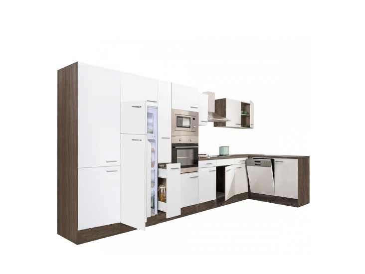 Yorki 430 sarok konyhabútor yorki tölgy korpusz,selyemfényű fehér fronttal felülfagyasztós hűtős szekrénnyel