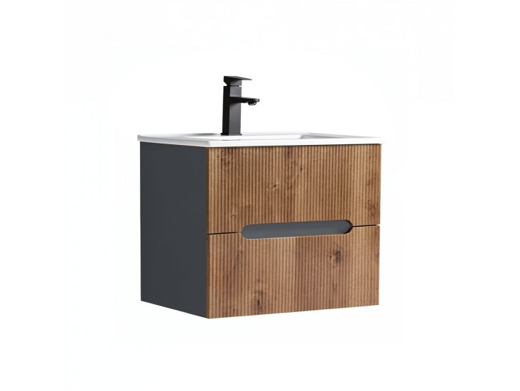 Trent 60 alsó fürdőszobabútor kerámia mosdóval (2 fiókos) antracit szürke-sunset tölgy