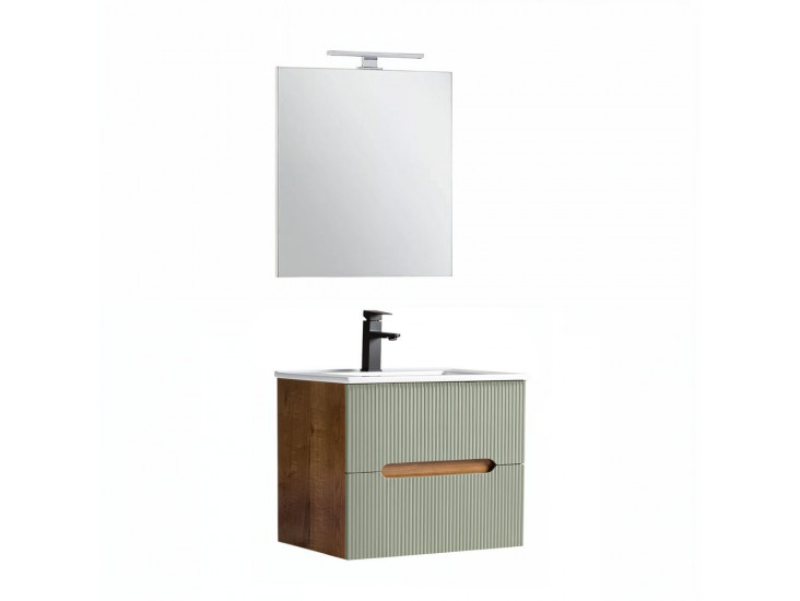 Trent Fürdőszobabútor 60 cm kerámia mosdóval (2 fiókos) tükörrel 60x80 cm sunset tölgy-zöld