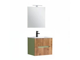 Trent Fürdőszobabútor 60 cm kerámia mosdóval (2 fiókos) tükörrel 60x80 cm világoszöld-sunset tölgy