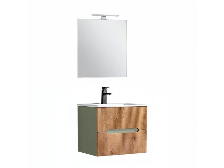 Trent Fürdőszobabútor 60 cm kerámia mosdóval (2 fiókos) tükörrel 60x80 cm zöld-sunset tölgy
