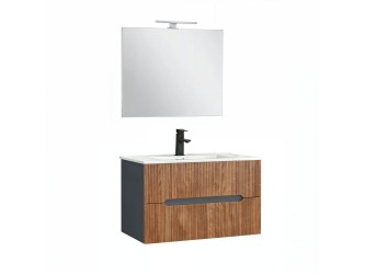 Trent Fürdőszobabútor 80 cm kerámia mosdóval (2 fiókos) tükörrel 60x80 cm antracit szürke-sunset tölgy