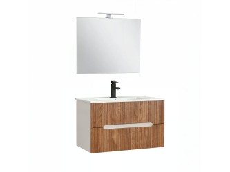 Trent Fürdőszobabútor 80 cm kerámia mosdóval (2 fiókos) tükörrel 60x80 cm fehér-sunset tölgy