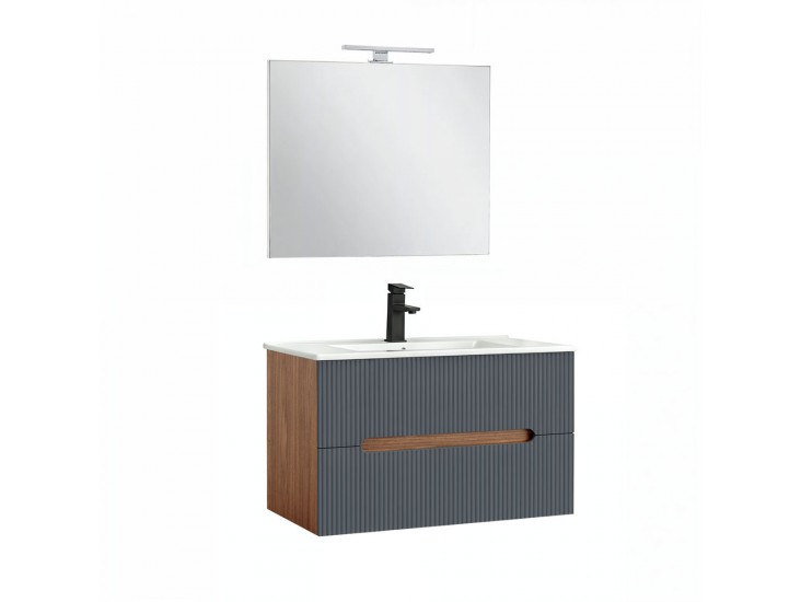 Trent Fürdőszobabútor 80 cm kerámia mosdóval (2 fiókos) tükörrel 60x80 cm sunset tölgy-antracit szürke