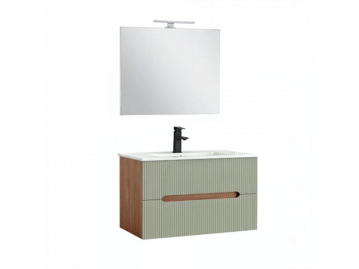 Trent Fürdőszobabútor 80 cm kerámia mosdóval (2 fiókos) tükörrel 60x80 cm sunset tölgy-zöld