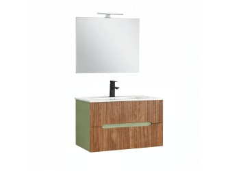 Trent Fürdőszobabútor 80 cm kerámia mosdóval (2 fiókos) tükörrel 60x80 cm világoszöld-sunset tölgy