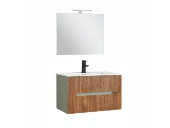 Trent Fürdőszobabútor 80 cm kerámia mosdóval (2 fiókos) tükörrel 60x80 cm zöld-sunset tölgy